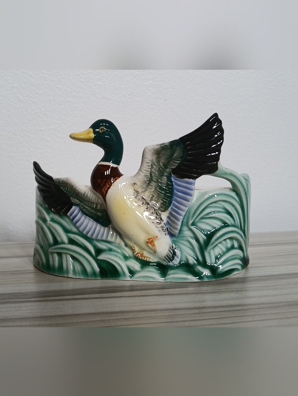 Vtg Flying Mallard Duck Hanging Wall Pocket Freestanding Planter Vase Ceramic